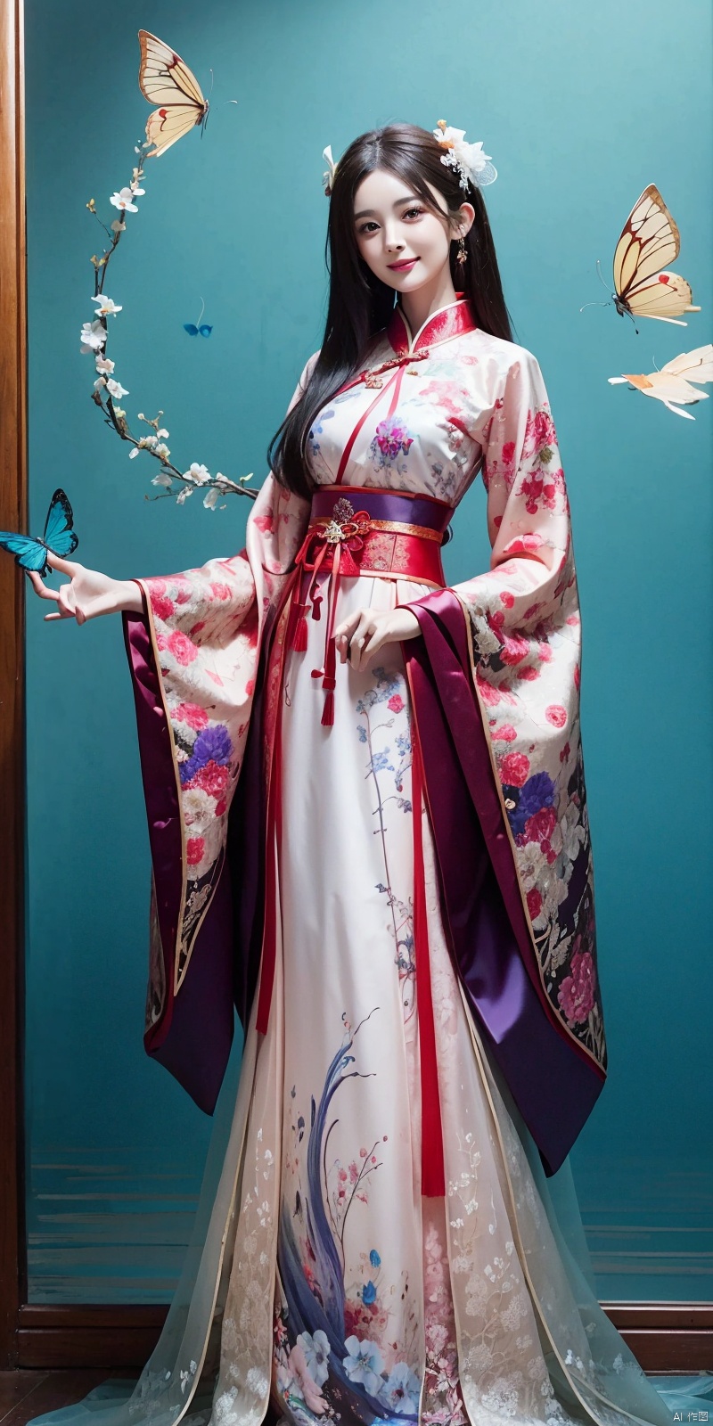  best quality, masterpiece, cowboy_shot,(Good structure), DSLR Quality,Depth of field,kind smile,looking_at_viewer,Dynamic pose, line art,line style,as style,best quality,masterpiece, The image features a beautiful anime-style illustration of a young woman. She has long black hair and is dressed in a traditional Chinese outfit. The outfit consists of a white top with blue and purple accents, a long skirt, and a butterfly-shaped mirror in her hand. She stands against a backdrop of a clear blue sky and a body of water, with butterflies fluttering around her. AI painting pure tag structure: anime, art, illustration, traditional clothes, blue, white, long hair, black hair, butterfly, mirror, sky, water,  , nazha, chineseclothes