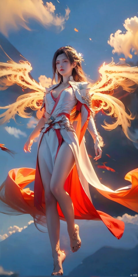 (Good structure), DSLR Quality, 1girl, 
(red fire,magic),(glowing eyes:1.3), 
chest,electricity, lightning,
white magic, aura,,
Front view,air,cloud,
backlight,looking at viewer,,white hair
very long hair,hair flowe

full_body,(bare feet,:1.2)(flying in the sky:1.6),(Stepping on the clouds:1.2),(Red Angel Wings:1.2), wings,  (\huo yan shao nv\), yunyun,wings