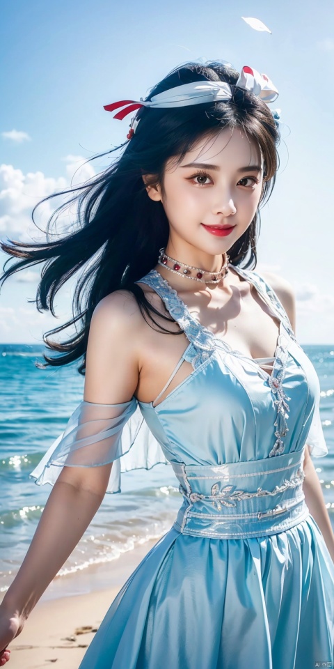  (Good structure),cowboy_shot, DSLR Quality,Depth of field ,looking_at_viewer,Dynamic pose, , kind smile,, Blue sky and white clouds on the beach,Masterpiece, (ultra wide angle lens: 1.2), Unity8k wallpaper, best quality, (detail shadow: 1.1), a beautiful girl, on a sea of light blue silk, translucent silk, floating light blue silk, surrealist style, minimalism, highly detailed texture, light blue, white clean background, CG rendering, light passing through clouds, 8k resolution, (motion photo: 1.2), (Fidelity: 1.4), original photos, movie lighting, 1girl,, , ,kind smile, , weddingdress,, zhulin