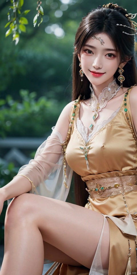  best quality, masterpiece, realistic,,(Good structure), DSLR Quality,Depth of field,kind smile,looking_at_viewer,Dynamic pose, 
jinpinger, 1girl, solo, hair ornament, black hair, jewelry, earrings, dress, smile, sitting