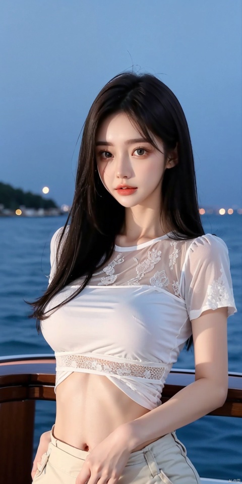 （Original photo of 8K,best qualtiy,tmasterpiece：1.2）,（Medium view）,the night,Night on a yacht,Sea and night view in the background,best qualtiy,tmasterpiece,（Small mouth：1.2）,short- sleeved,short- sleeved,short- sleeved,short- sleeved,an extremely delicate and beautiful one,,astounding,finely detailled,tmasterpiece,Best quality at best,（age 22：1.2）,Narrow waist,Slim,is shy,Pure,adolable,Bushy hair,Soft hair,big breasts beautiful,A detailed eye,（long whitr hair：1.2）
