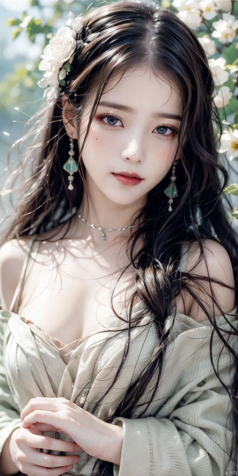  A girl, silk, cocoon, spider web, Solo, Complex Details, Color Differences, Realistic, (Moderate Breath), Off Shoulder, Eightfold Goddess, Pink Long Hair, White Headwear, Hair Above One Eye, Green Eyes, Earrings, Sharp Eyes, Perfect Fit, Choker, Dim Lights, cocoon, transparent, jiBeauty, 1girl, flowers, mtianmei, Look at the camera., flowing skirts, Giant flowers, good hands, dofas, lizhien, ((poakl)),kind smile