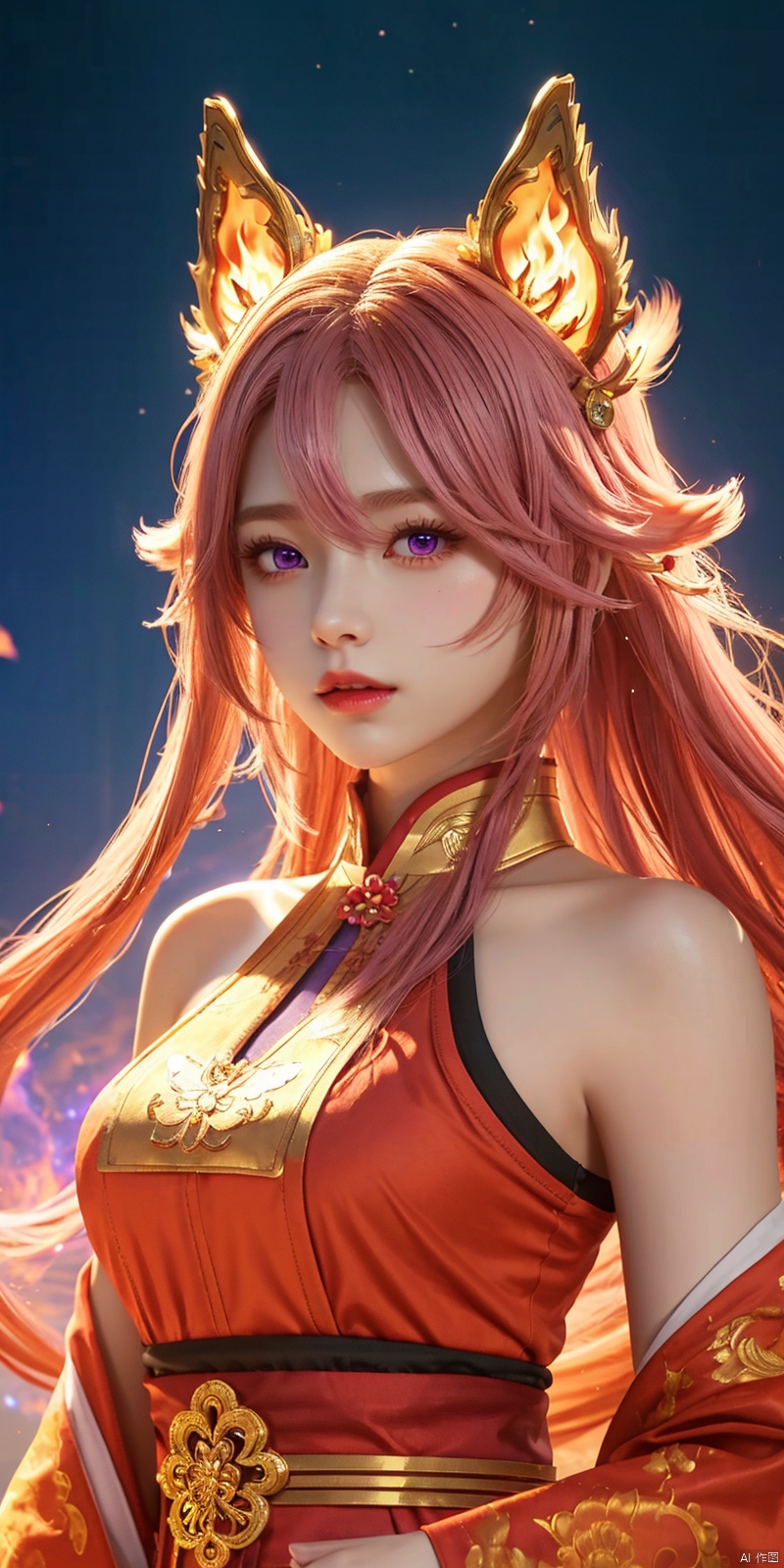  masterpiece, 1 girl, Look at me, Long hair, Flame, A magical scene, glowing, Floating hair, realistic, Nebula, An incredible picture, The magic array behind it, Stand, textured skin, super detail, best quality, ,,dress, ((poakl)), yae miko,purple eyes, pink hair, animal ears, bare shoulders, fox ears, heart, , long hair, , hair between eyes,