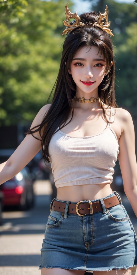  best quality, masterpiece, cowboy_shot,(Good structure), DSLR Quality,Depth of field,kind smile,looking_at_viewer,Dynamic pose,
 1girl, 3d, bare_shoulders, belt, blurry, blurry_background, blurry_foreground, branch, , , , collarbone, cosplay_photo, denim, denim_skirt, depth_of_field, , lips, long_hair, looking_at_viewer, midriff, miniskirt, motion_blur, navel, outdoors, photo_\(medium\), realistic, skirt, solo, standing, tree, , , , , tianhu