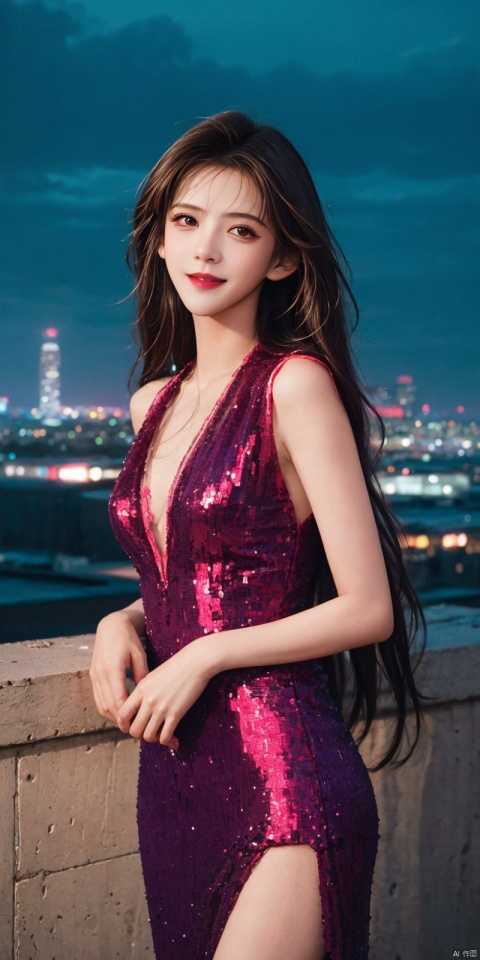  best quality, masterpiece, realistic,cowboy_shot,(Good structure), DSLR Quality,Depth of field,kind smile,looking_at_viewer,Dynamic pose, 
neonpunk style Neon noir leogirl,hANMEIMEI,realistic photography,,On the rooftop of a towering skyscraper,a girl stands,facing the camera directly. Behind her,a multitude of skyscrapers stretches into the distance,creating a breathtaking urban panorama. It's the perfect dusk moment,with the evening sun casting a warm glow on the girl's face,intensifying the scene's impact. The photo captures a sense of awe,with the sharpness and realism making every detail vivid and clear,Hair fluttered in the wind,long hair,halterneck, . cyberpunk, vaporwave, neon, vibes, vibrant, stunningly beautiful, crisp, detailed, sleek, ultramodern, magenta highlights, dark purple shadows, high contrast, cinematic, ultra detailed, intricate, professional, , , , , , dress, blue dress, , sufei