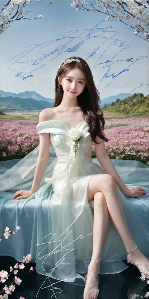  ,(Good structure), DSLR Quality,Depth of field,kind smile,looking_at_viewer,Dynamic pose,,
 best quality, masterpiece, illustration, (reflection light), incredibly absurdres, ((Movie Poster), (signature:1.3), (English text), 1girl, girl middle of flower, pure sky,clear sky, outside, collarbone, sitting, absurdly long hair, clear boundaries of the cloth, white dress, fantastic scenery, ground of flowers, thousand of flowers, colorful flowers, flowers around her, various flowers,bare shoulders,skirt, sandals,, , weddingdress, , , lianmo