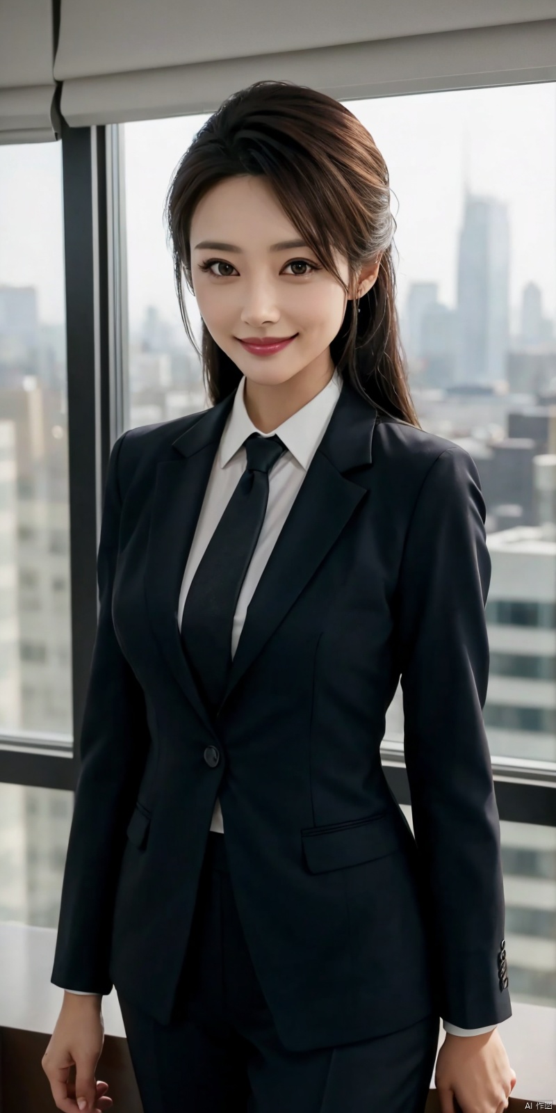  best quality, masterpiece, cowboy_shot,(Good structure), DSLR Quality,Depth of field,kind smile,looking_at_viewer,Dynamic pose, 
Modern businesswoman, dressed in a sleek suit and tie, posing confidently in a modern office setting, cityscape view through the window, focused expression, powerful pose, professional attire, realistic lighting, sharp focus.,lichun