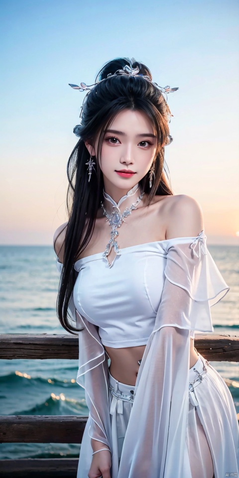  (Good structure),cowboy_shot, DSLR Quality,Depth of field ,looking_at_viewer,Dynamic pose, , kind smile,,
1girl, solo, long hair, , looking at viewer, skirt, hair ornament, bare shoulders, jewelry, , black hair, earrings, outdoors, midriff, water, necklace, lips, crop top, grey eyes, leaning forward, ocean, white skirt, strapless vest, sunset, sun, , luxueqi