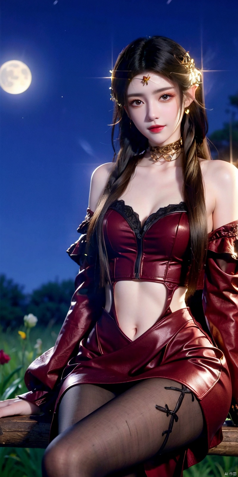  (Good structure),cowboy_shot,Girl in the Flower Field of Lycoris. Sitting in a clearing. 
Long elaborate hairstyle with loose hair and braids, Beautiful hair clips. Burgundy lipstick.
Long fluffy black and burgundy luxury dress,crop top , Elegant clothes. 
 Lycoris petals fly in the wind. 
Esthetics. Good Quality. 
Night., more_details, , starrystarscloudcolorful, moon, night, moonlight, beautiful starry sky,blackpantyhose,looking_at_viewer,kind smile,Dynamic pose, meidusha