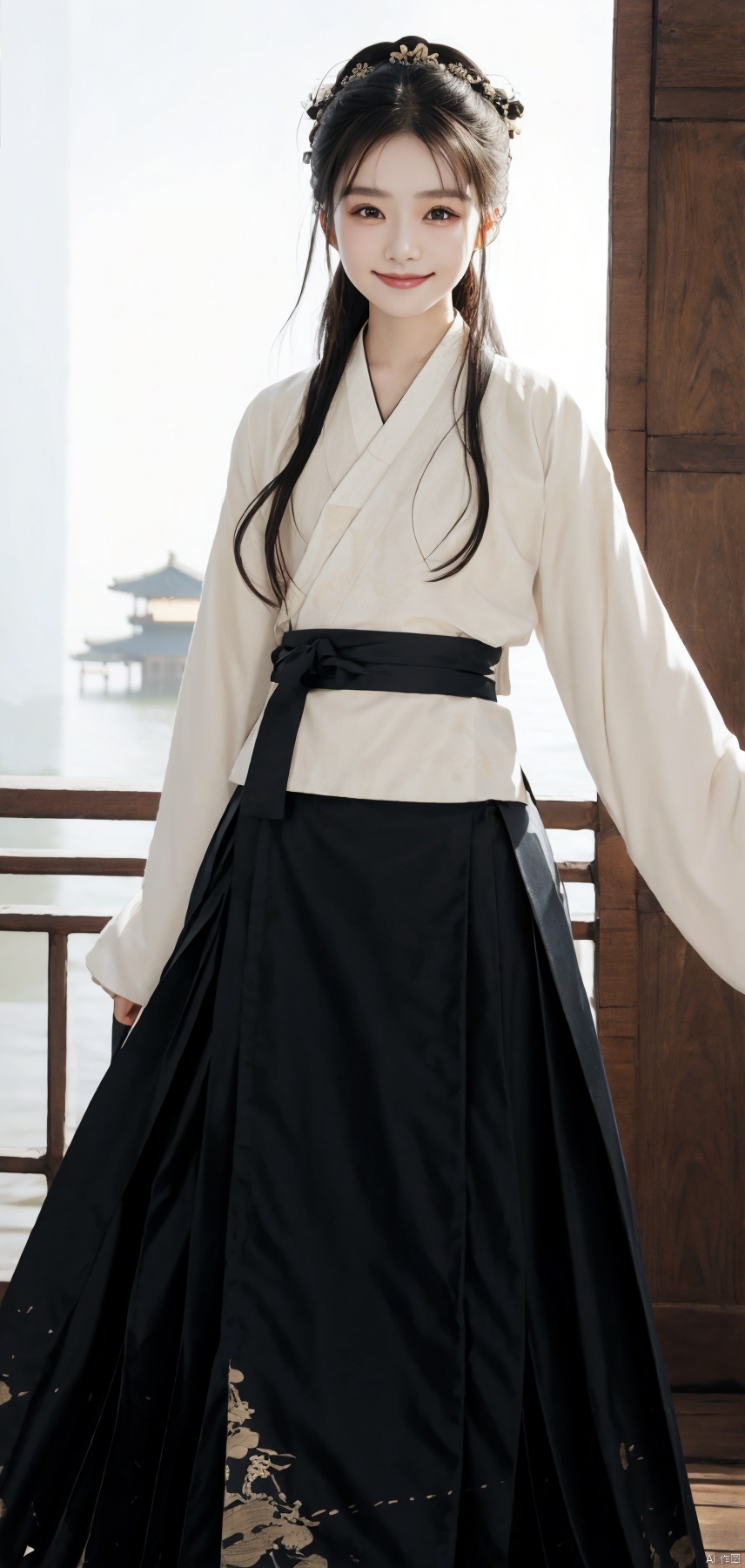 best quality, masterpiece, realistic,cowboy_shot,(Good structure), DSLR Quality,Depth of field,kind smile,looking_at_viewer,Dynamic pose, 
1girl,lianmo,chinese clothes,dress,skirt,long skirt, ,long sleeves,hanfu,hakama skirt,mamianqun,white shirt, black dress,black ,skirt