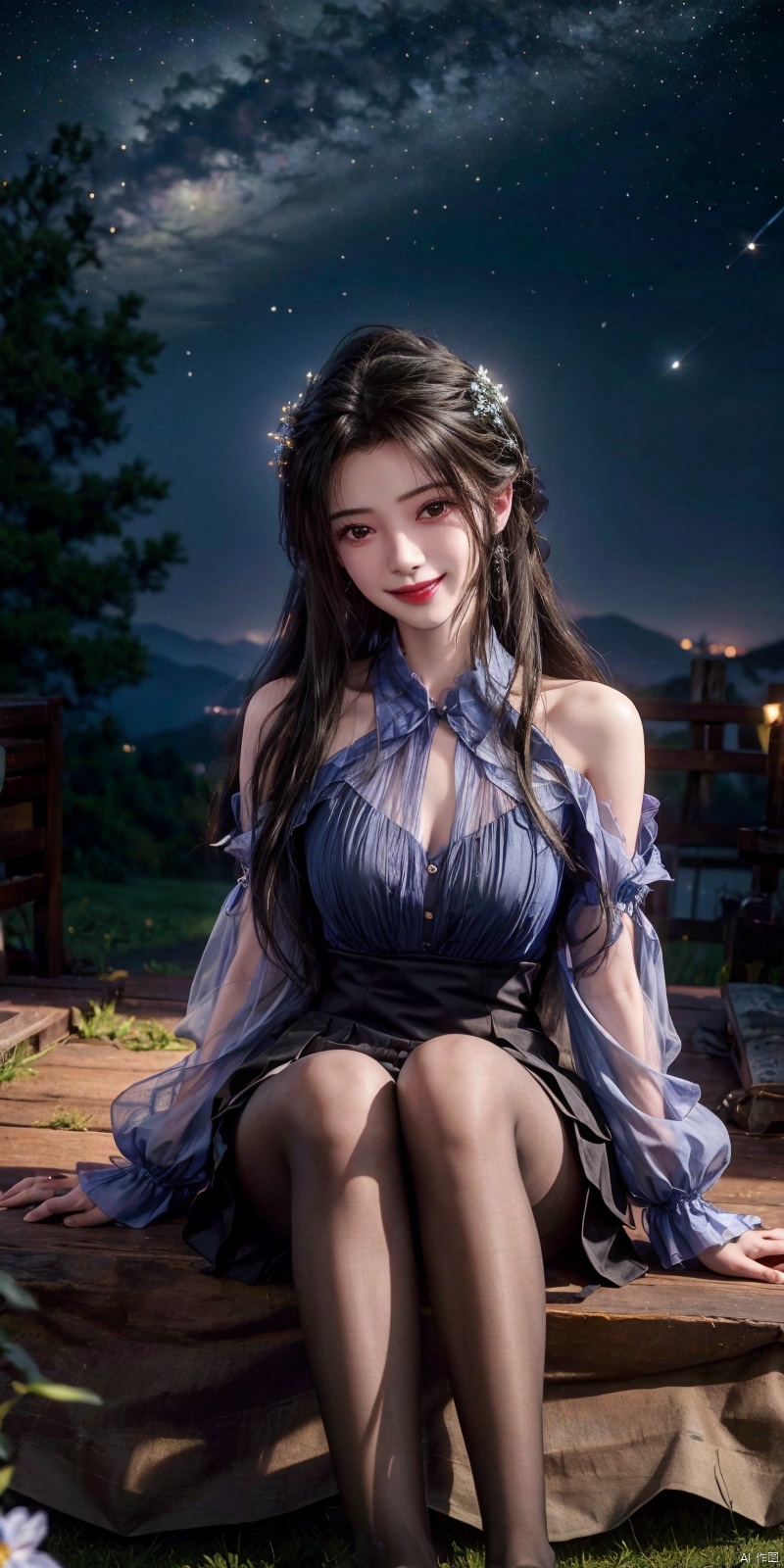  best quality, masterpiece, ,(Good structure), DSLR Quality,Depth of field,kind smile,looking_at_viewer,Dynamic pose, realistic ,
On the mountaintop, you can see the starry sky, and a beautiful girl is sitting on the grass. It is a masterpiece of a master, with stunning beauty, eye close-up, natural beauty, long legs, and short skirt, ,blackpantyhose,  , limuwan