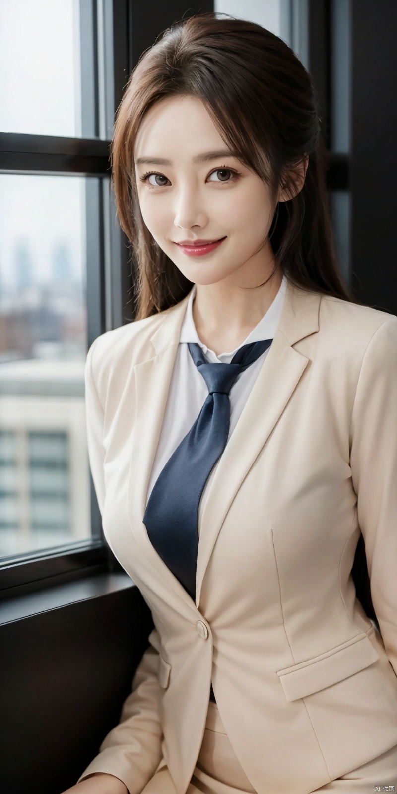  best quality, masterpiece, cowboy_shot,(Good structure), DSLR Quality,Depth of field,kind smile,looking_at_viewer,Dynamic pose, 
Modern businesswoman, dressed in a sleek suit and tie, posing confidently in a modern office setting, cityscape view through the window, focused expression, powerful pose, professional attire, realistic lighting, sharp focus.,lichun