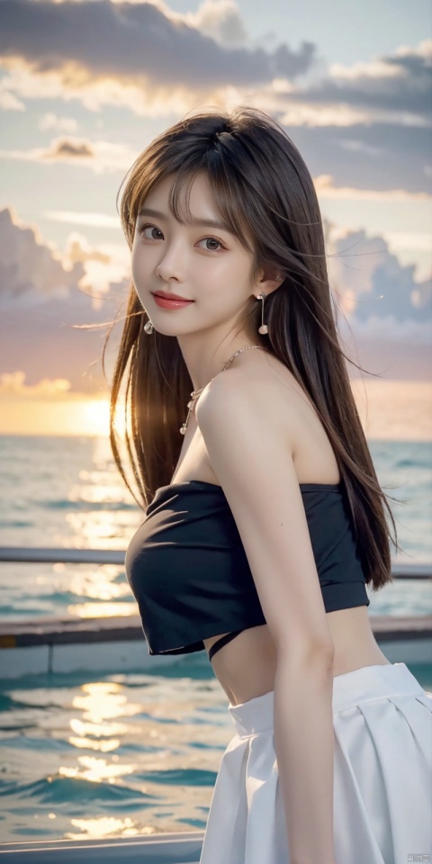  (Good structure),cowboy_shot, DSLR Quality,Depth of field ,looking_at_viewer,Dynamic pose, , kind smile,,
1girl, solo, long hair, , looking at viewer, skirt, hair ornament, bare shoulders, jewelry, , black hair, earrings, outdoors, midriff, water, necklace, lips, crop top, grey eyes, leaning forward, ocean, white skirt, strapless vest, sunset, sun, wangyushan