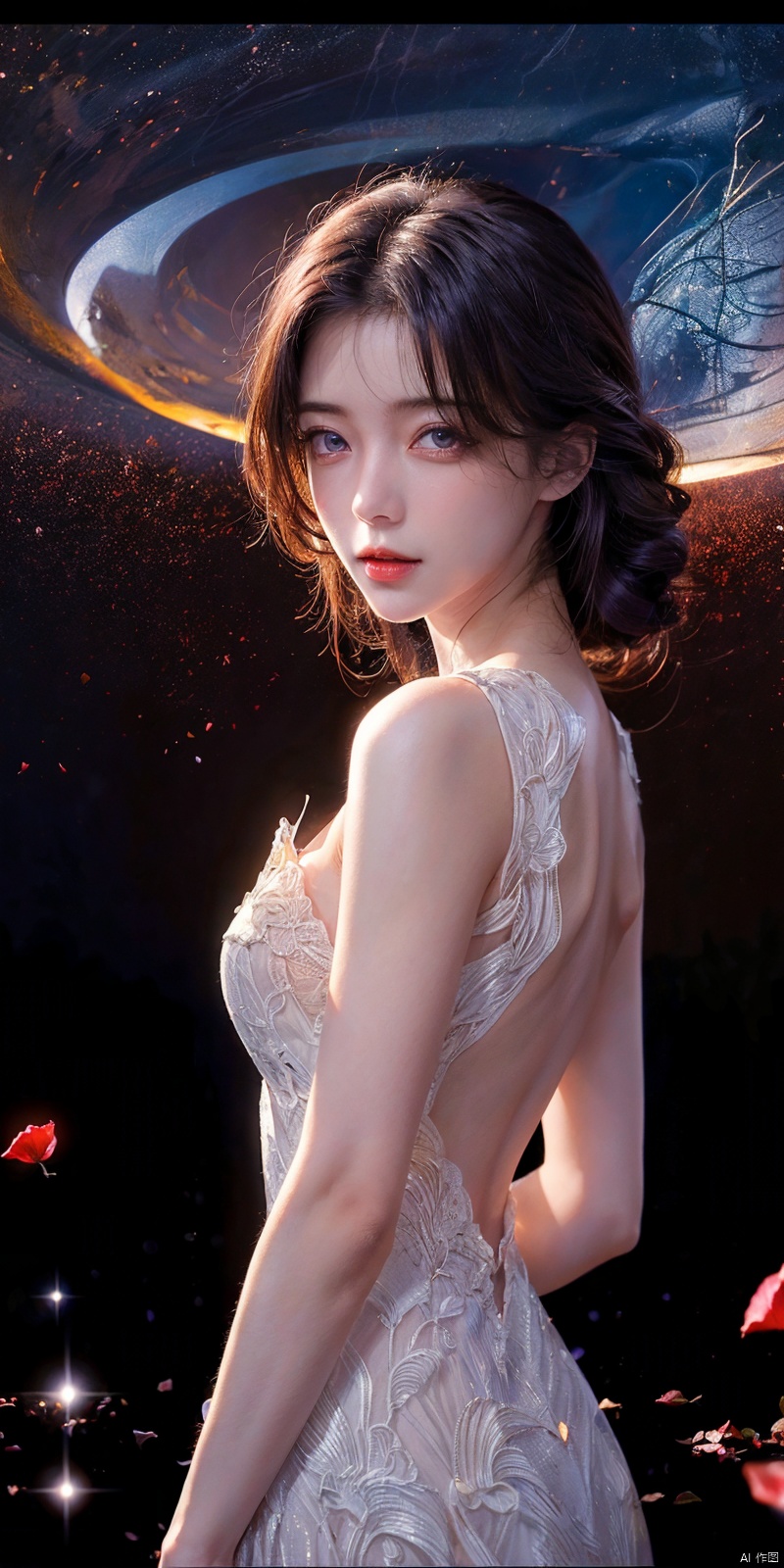  best quality, masterpiece, realistic,cowboy_shot,(Good structure), DSLR Quality,Depth of field,kind smile,looking_at_viewer,Dynamic pose, 1girl,
8k resolution, Masterpiece quality, High detail. from below,
Fantasy theme, cropped. {(1 girl:1.5),(close to viewer:1.8), ((looking at viewer:2), beautiful face, breasts), ((worm's eye shot:1.2)),perspective distortion}, (Panoramic view, fisheye lens effect:1.1). 
{(Strong backlighting, underexposure:1.4), (blocked shadows:0.8), depth of field(at 100mm focal length:1.2)}, (horizon:0.7), low key earth.
the starry sky feathering into the background, creating a sense of depth and gradient. Incorporating Droste Effect(an endless repetition and reflection:1.2). 
Surrounded by fluttering rose petals, reflected or casting dramatic shadows and highlights, {(meteor shower, planets:1.1), (Vermilion Comet:1.3)}. mesmerizing effect, a dreamlike ambiance of infinity. A vortex of rose petals, a starry sky vortex, , as, vortex, tyjf, , , yunxi,purple_hair