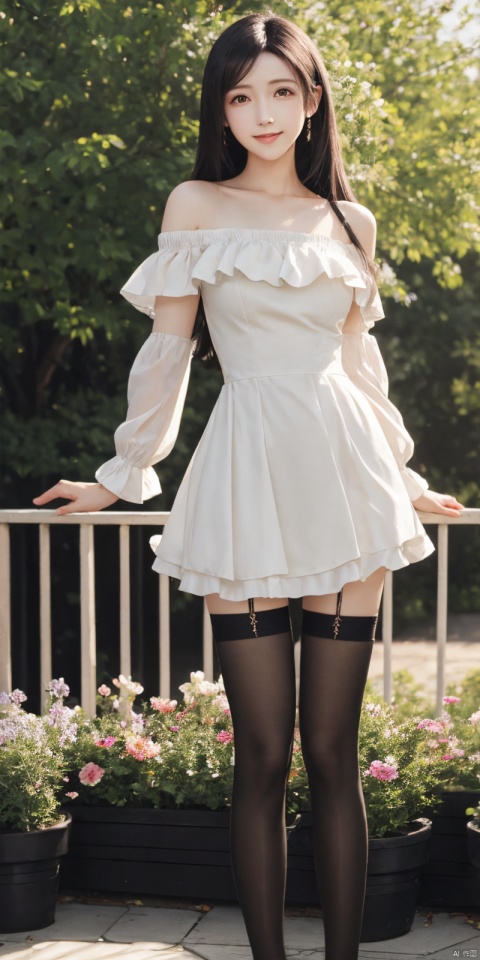  (Good structure),, DSLR Quality,Depth of field ,looking_at_viewer,Dynamic pose, , kind smile,
 (masterpiece, best quality:1.2),illustration,absurdres,highres,extremely detailed,1girl,long hair,black hair,pale skin,off-shoulder dress,black thighhighs,outdoors,flower,fluttering petals,upper body,(:d:0.8),chromatic aberration abuse,pastel color,Depth of field,garden of the sun,shiny,breasts,, tifa, blackpantyhose