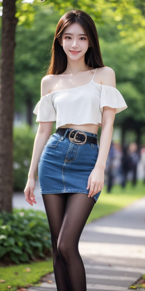  best quality, masterpiece,full_body,(Good structure), DSLR Quality,Depth of field,kind smile,looking_at_viewer,Dynamic pose,
 1girl, 3d, bare_shoulders, belt, blurry, blurry_background, blurry_foreground, branch, , , , collarbone, cosplay_photo, denim, denim_skirt, depth_of_field, , lips, long_hair, looking_at_viewer, midriff, miniskirt, motion_blur, navel, outdoors, photo_\(medium\), realistic, skirt, solo, standing, tree, , , , blackpantyhose, , , , , , , yanlingji