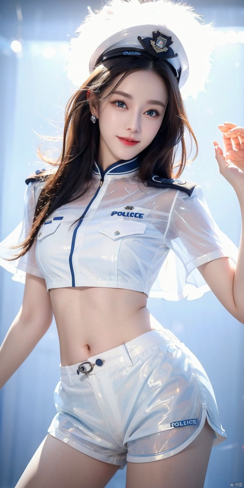  DSLR, (Good structure), ,High quality, masterpiece, 1Girl, Earstuds, blue eyes,Earstuds, blue eyes, black hair, (translucent white police uniform: 1.5), navel exposed, (translucent shorts: 1.3), thigh exposed, (supermodel pose),smile,(solo),（Different postures）,(Perfect hand lines),, 1 girl, ,, dililengba