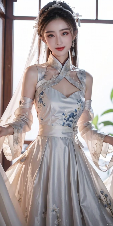  (Good structure), DSLR Quality,Depth of field ,looking_at_viewer,Dynamic pose, , kind smile,
 masterpiece, The best quality, 1girl, luxurious wedding dress, dreamy scene, white background, front viewer, looking at viewer, Flowers, romantic, Bride, Translucent white turban, UHD, 16k, , sparkling dress, , white stockings, , chinese dress,white dress,long hair,
chinese clothes,dress,white dress,floral print,china dress,blue dress,hanfu,long sleeves,print dress,robe,skirt,sleeveless dress,widesleeves, weddingdress, , ,  , zhangmin