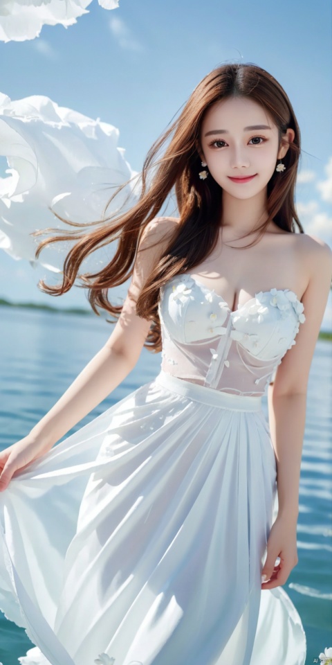 (Good structure), DSLR Quality, depth of field, (1girl:1.2), , very long hair,, yellow eyes, light smile, looking at viewer, white shirt, white skirt, (flying white chiffon:1.5), bare shoulder, (flying blue petals:1.2), (standing above water surface), sky background, (cloud:1.2), white bird, floating water drops, (white border:1.2) , 
backlight, , taoist robe, ll-hd,(((large breasts)), depth of field,, ((poakl)),  dililengba,looking_at_viewer,kind smile, 1girl