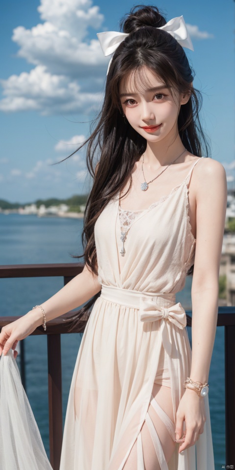  best quality, masterpiece, realistic, ,(Good structure), DSLR Quality,Depth of field,kind smile,looking_at_viewer,Dynamic pose, 
1girl, solo, long hair, , looking at viewer, blush, , bangs, blue eyes,, dress, bow, , bare shoulders, jewelry, very long hair, collarbone, ponytail, white hair, hair bow, thighs, outdoors, sky, sleeveless, day, cloud, water, necklace, white dress, hair over one eye, bracelet, blue sky, blue bow, wading, pendant, doll, skirt hold, rainbow, anastasia \(fate\), ,  , , angel