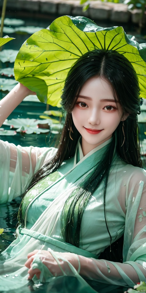  (Good structure), DSLR Quality,Depth of field,kind smile,looking_at_viewer,Dynamic pose,,
A girl, lying in the water, in a green pool, covered with lotus leaves, dressed in gauze-like Hanfu,hedress,Smile, wet clothes,Wet hair, liushen