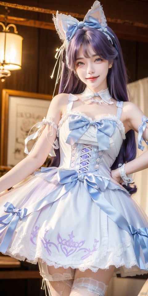  (Good structure), DSLR Quality,Depth of field,kind smile,looking_at_viewer,Dynamic pose, ,(wariza),,Girl, bare shoulders,  , boobs, bow tie, ,purple   eyes, cat ears, collar, ((Lolita Dress: 1.4)) , blue and white Lolita dress, wrinkled leg outfit, hand-held, lips, nose, shoulders, , alone, long_hair, kind smile, looking at the audience, white leg costume, wrist cuffs, 1girl,,looking_at_viewer, , lolidress, ,, ,purple hair, yunxi