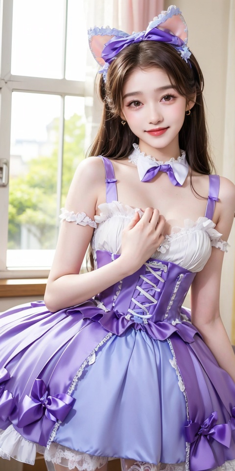  (Good structure), DSLR Quality,Depth of field,kind smile,looking_at_viewer,Dynamic pose, ,(wariza),,Girl, bare shoulders, , boobs, bow tie, ,purple eyes, cat ears, collar, ((Lolita Dress: 1.4)) , blue and white Lolita dress, wrinkled leg outfit, hand-held, lips, nose, shoulders, , alone, long_hair, kind smile, looking at the audience, white leg costume, wrist cuffs, 1girl,,looking_at_viewer, , lolidress  , guanxiaotong
