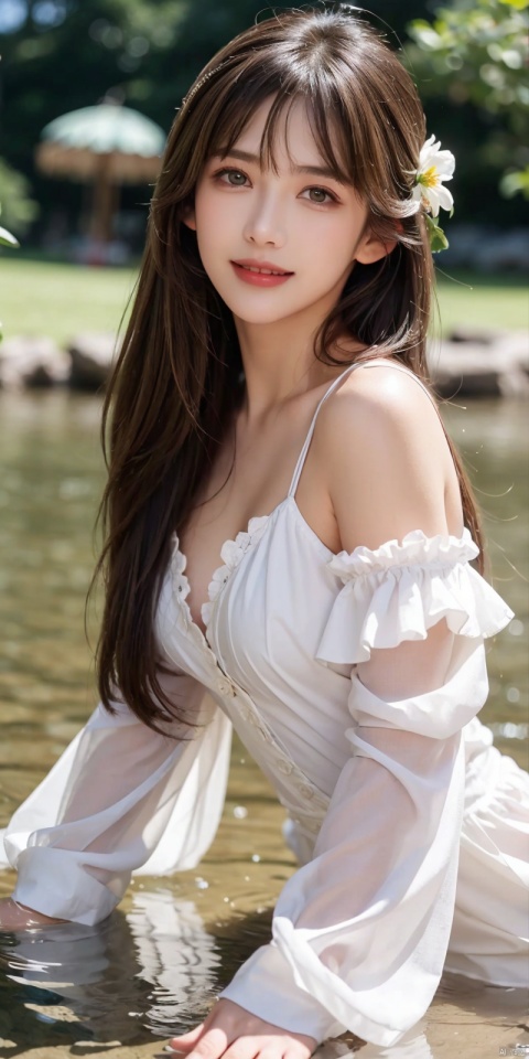  best quality, masterpiece, realistic,,(Good structure), DSLR Quality,Depth of field,kind smile,looking_at_viewer,Dynamic pose, 
1girl, solo, long hair, looking at viewer, bangs, brown hair, long sleeves, dress, ribbon, green eyes, collarbone, hair ribbon, flower, outdoors, lying, parted lips, puffy sleeves, on back, water, white dress, red ribbon, parted bangs, petals, white flower, partially submerged, layered sleeves, short over long sleeves, , sufei