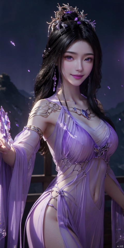  best quality, masterpiece, (Good structure),cowboy_shot, DSLR Quality,Depth of field ,looking_at_viewer,Dynamic pose, , kind smile,
1 girl,(Purple light effect),hair ornament,jewelry,looking at viewer, , dofas,(ultra-detailed crystallization),transparent crystals, , , ,, ziling, 