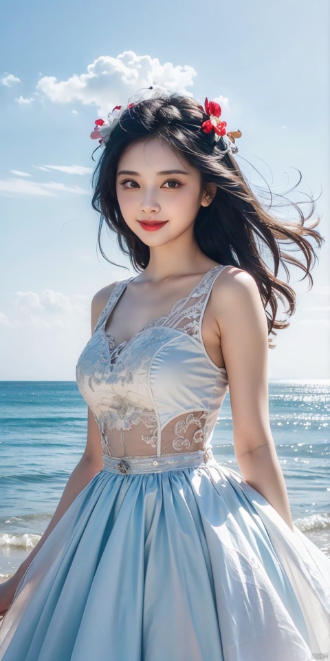  (Good structure),cowboy_shot, DSLR Quality,Depth of field ,looking_at_viewer,Dynamic pose, , kind smile,, Blue sky and white clouds on the beach,Masterpiece, (ultra wide angle lens: 1.2), Unity8k wallpaper, best quality, (detail shadow: 1.1), a beautiful girl, on a sea of light blue silk, translucent silk, floating light blue silk, surrealist style, minimalism, highly detailed texture, light blue, white clean background, CG rendering, light passing through clouds, 8k resolution, (motion photo: 1.2), (Fidelity: 1.4), original photos, movie lighting, 1girl,, , ,kind smile, , weddingdress,, zhulin