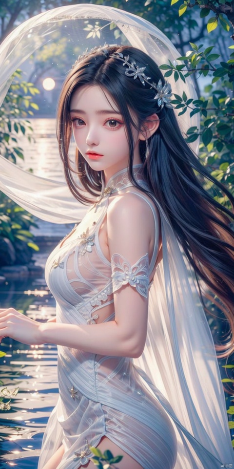  1 girl,(translucent white gauze dress:1.3), (moon), moonlight, water surface, long hair, windy, ((poakl)), xuner
