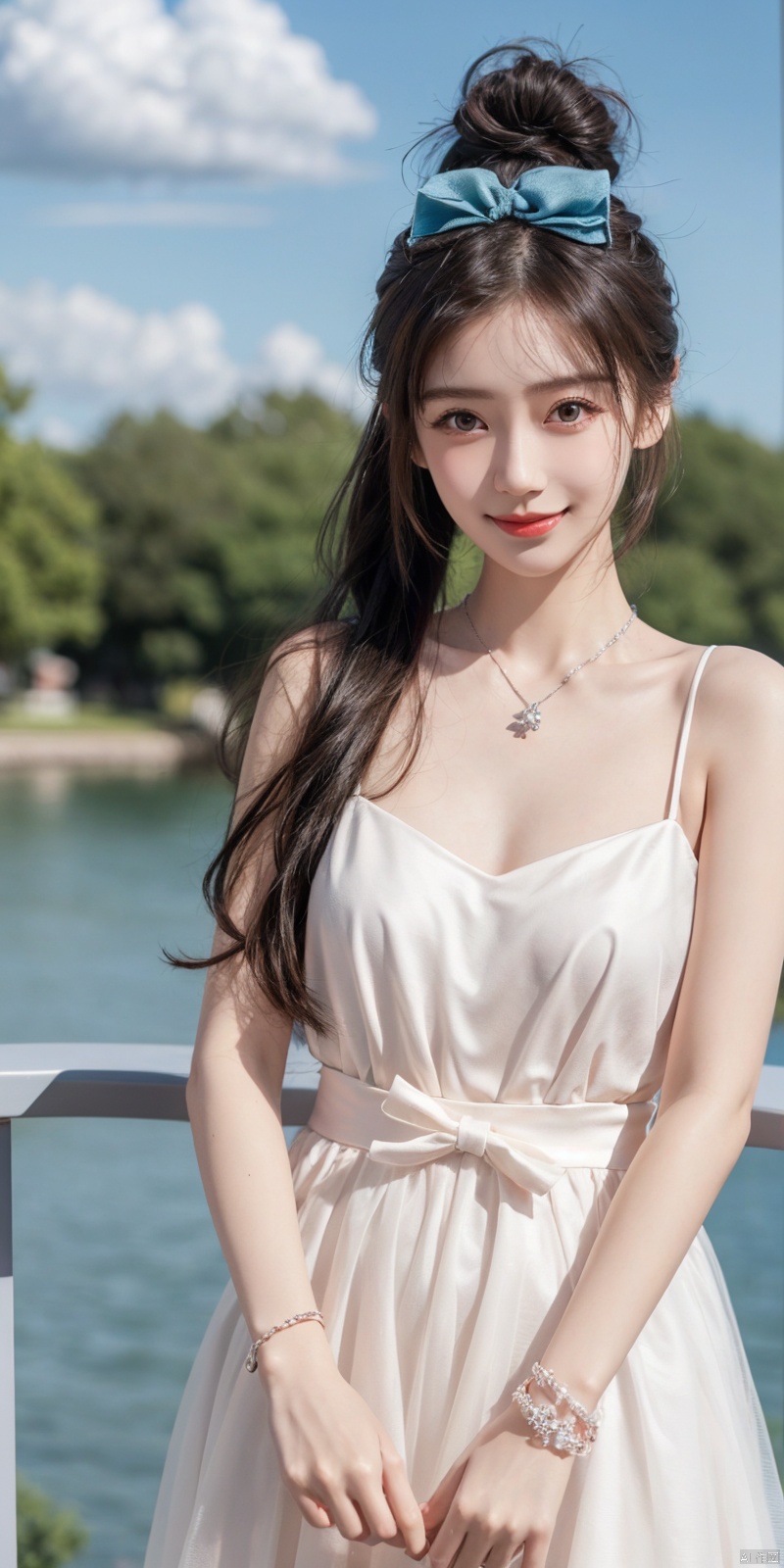  best quality, masterpiece, realistic, ,(Good structure), DSLR Quality,Depth of field,kind smile,looking_at_viewer,Dynamic pose, 
1girl, solo, long hair, , looking at viewer, blush, , bangs, blue eyes,, dress, bow, , bare shoulders, jewelry, very long hair, collarbone, ponytail, white hair, hair bow, thighs, outdoors, sky, sleeveless, day, cloud, water, necklace, white dress, hair over one eye, bracelet, blue sky, blue bow, wading, pendant, doll, skirt hold, rainbow, anastasia \(fate\), ,  , , angel