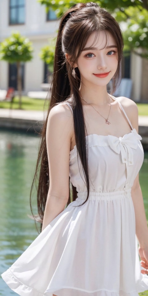  best quality, masterpiece, realistic, ,(Good structure), DSLR Quality,Depth of field,kind smile,looking_at_viewer,Dynamic pose, 
1girl, solo, long hair, breasts, looking at viewer, blush, , bangs, blue eyes,, dress, bow, , bare shoulders, jewelry, very long hair, collarbone, ponytail, white hair, hair bow, thighs, outdoors, sky, sleeveless, day, cloud, water, necklace, white dress, hair over one eye, bracelet, blue sky, blue bow, wading, pendant, doll, skirt hold, rainbow, anastasia \(fate\), eluosi