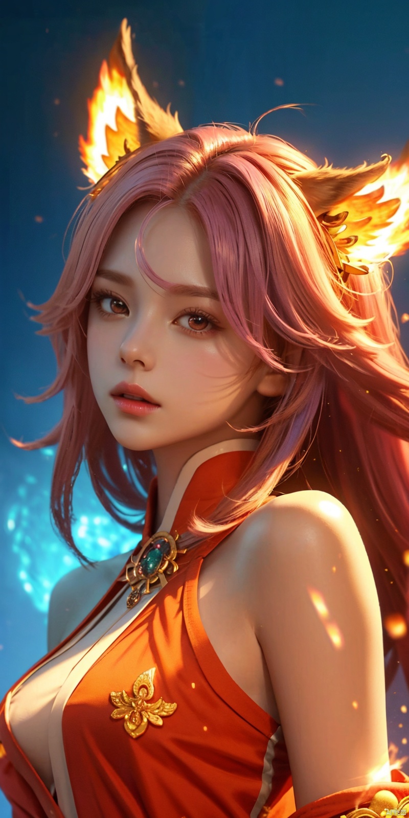  masterpiece, 1 girl, Look at me, Long hair, Flame, A magical scene, glowing, Floating hair, realistic, Nebula, An incredible picture, The magic array behind it, Stand, textured skin, super detail, best quality, ,,dress, ((poakl)), yae miko,purple eyes, pink hair, animal ears, bare shoulders, fox ears, heart, , long hair, , hair between eyes,