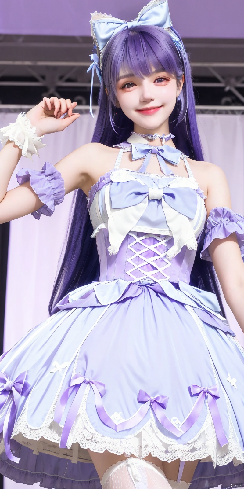  (Good structure), DSLR Quality,Depth of field,kind smile,looking_at_viewer,Dynamic pose, ,(wariza),,Girl, bare shoulders, blue hair, boobs, bow tie, brown eyes, cat ears, collar, ((Lolita Dress: 1.4)) , blue and white Lolita dress, wrinkled leg outfit, hand-held, lips, nose, shoulders, , alone, long_hair, kind smile, looking at the audience, white leg costume, wrist cuffs, 1girl,,looking_at_viewer, , lolidress, ,, ,purple hair, shengcaier