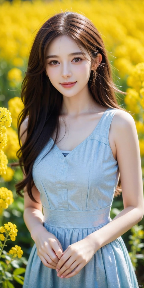 cowboy_shot,(Good structure),standing in a sea of rapeseed flowers, charming eyes, kind smile, surrounded by blooming yellow rapeseed flowers, forming a beautiful picture, high quality picture, full HD picture, 8K resolution, photorealistic, intricate details, sharp focus, vibrant colors, trending on ArtStation, trending on CGSociety, by Greg Rutkowski, Midjourney, Jeremy Mann, Antonio Moro, Ed Blinkey, Atey Ghailan, Studio Ghibli, heart professional majestic oil painting, popular on DeviantArt, concept art, artwork., lvshui-blue dress, Light master, (\meng ze\), 1girl, ((poakl)), nazha