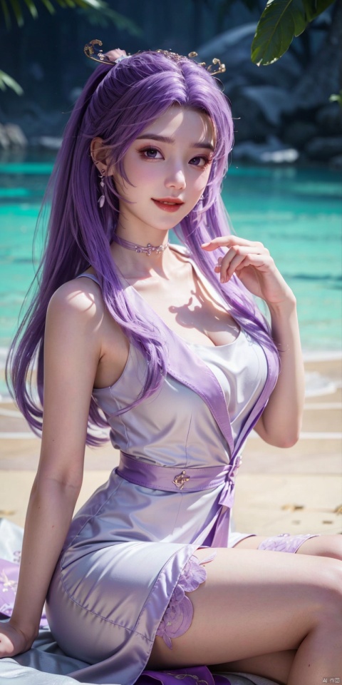  best quality, masterpiece, cowboy_shot,(Good structure), DSLR Quality,Depth of field,kind smile,looking_at_viewer,Dynamic pose, 
1girl, solo, long hair, breasts, looking at viewer, bangs,   hair ornament, dress, ribbon,  , bare shoulders, twintails, jewelry, medium breasts, sitting, very long hair, purple eyes, collarbone, hair ribbon, purple hair, flower, thighs, earrings, outdoors, parted lips, sleeveless, choker, hand up, hair flower, water,  white dress, bare arms, petals,  , sleeveless dress, black choker, short dress, frilled dress, white flower, purple ribbon, spaghetti strap,
yunxiao,purple_hair, 