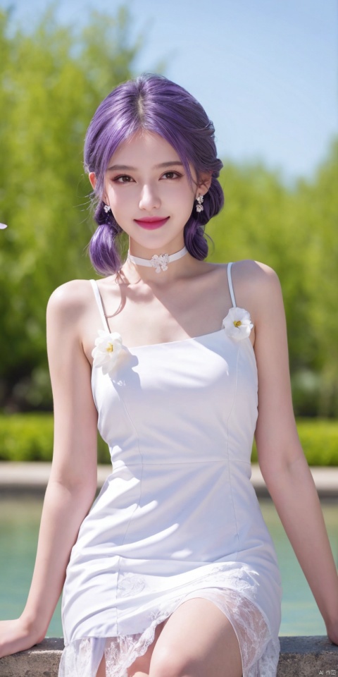  best quality, masterpiece, cowboy_shot,(Good structure), DSLR Quality,Depth of field,kind smile,looking_at_viewer,Dynamic pose, 
1girl, solo, long hair, breasts, looking at viewer, bangs,   hair ornament, dress, ribbon,  , bare shoulders, twintails, jewelry, medium breasts, sitting, very long hair, purple eyes, collarbone, hair ribbon, purple hair, flower, thighs, earrings, outdoors, parted lips, sleeveless, choker, hand up, hair flower, water,  white dress, bare arms, petals,  , sleeveless dress, black choker, short dress, frilled dress, white flower, purple ribbon, spaghetti strap,
,jiuhuangnv,white_hair,short_hair