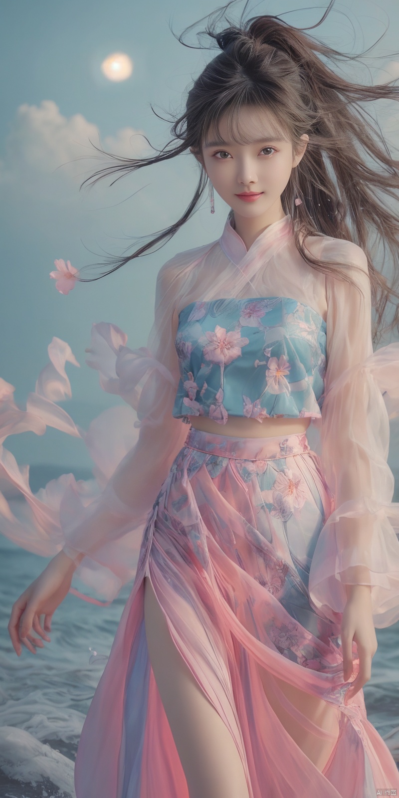 best quality, masterpiece, cowboy_shot,(Good structure), DSLR Quality,Depth of field,kind smile,looking_at_viewer,Dynamic pose, 
 Surrealism Dream Style,glowing neon color,RAW photo,at night,1girl,solo,sea,black hair,ponytail,looking at viewer,long hair,up,lips,sash,water splaashing,hair ornament,realistic,wide sleeves,hanfu,long dress,Semi transparent gauze skirt,surrealist,Best quality,masterpiece,ultra high res,Petal skirt,wind,flowers,bloom,Clouds,smoke,neon lights, 80sDBA style, 1 girl, , , wangyushan