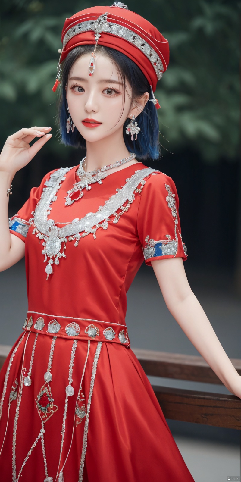  (Good structure), DSLR Quality,Depth of field ,looking_at_viewer,Dynamic pose, , ,1girl ,zhuangzu,
dress,red dress,

blueheadwear,hat,

jewelry,necklace,earrings