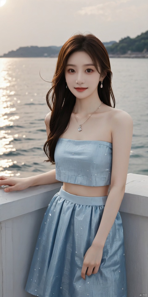  best quality, masterpiece, realistic,cowboy_shot,(Good structure), DSLR Quality,Depth of field,kind smile,looking_at_viewer,Dynamic pose, 
1girl, solo, long hair, , looking at viewer, skirt, hair ornament, bare shoulders, jewelry, , black hair, earrings, outdoors, midriff, water, necklace, lips, crop top, grey eyes, leaning forward, ocean, white skirt, strapless vest, sunset, sun, , , longni, dress,blue dress