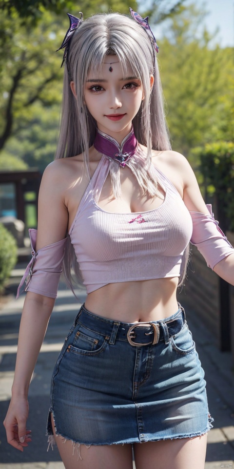  best quality, masterpiece, cowboy_shot,(Good structure), DSLR Quality,Depth of field,kind smile,looking_at_viewer,Dynamic pose,
 1girl, 3d, bare_shoulders, belt, blurry, blurry_background, blurry_foreground, branch, , , , collarbone, cosplay_photo, denim, denim_skirt, depth_of_field, , lips, long_hair, looking_at_viewer, midriff, miniskirt, motion_blur, navel, outdoors, photo_\(medium\), realistic, skirt, solo, standing, tree, , , , , , white_hair, xiaoyixian
