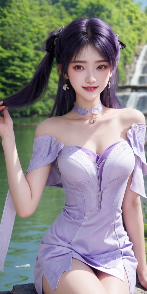  best quality, masterpiece, cowboy_shot,(Good structure), DSLR Quality,Depth of field,kind smile,looking_at_viewer,Dynamic pose, 
1girl, solo, long hair, breasts, looking at viewer, bangs,   hair ornament, dress, ribbon,  , bare shoulders, twintails, jewelry, medium breasts, sitting, very long hair, purple eyes, collarbone, hair ribbon, purple hair, flower, thighs, earrings, outdoors, parted lips, sleeveless, choker, hand up, hair flower, water,  white dress, bare arms, petals,  , sleeveless dress, black choker, short dress, frilled dress, white flower, purple ribbon, spaghetti strap,
 ,purple_hair, , jiziyue