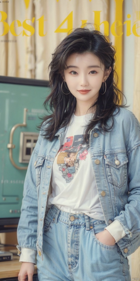  80sDBA style, fashion, (magazine: 1.3), (cover style: 1.3),Best quality, masterpiece, high-resolution, 4K, 1 girl, smile, exquisite makeup,shirt,jean,jacket , lace, tv,boombox
,, , ,long_hair , , manyu