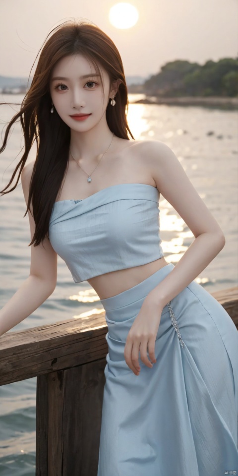 best quality, masterpiece, realistic,cowboy_shot,(Good structure), DSLR Quality,Depth of field,kind smile,looking_at_viewer,Dynamic pose, 
1girl, solo, long hair, , looking at viewer, skirt, hair ornament, bare shoulders, jewelry, , black hair, earrings, outdoors, midriff, water, necklace, lips, crop top, grey eyes, leaning forward, ocean, white skirt, strapless vest, sunset, sun, , , longni, dress,blue dress