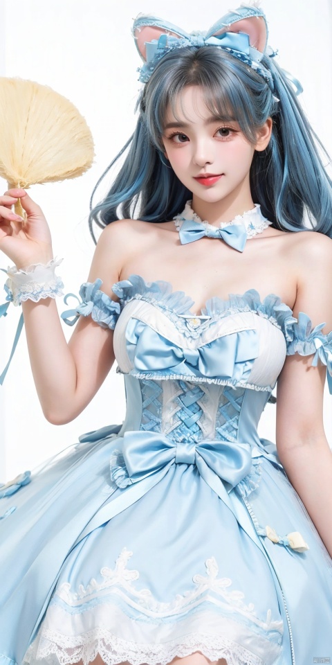  (Good structure), DSLR Quality,(wariza),,Girl, bare shoulders, blue hair, boobs, bow tie, brown eyes, cat ears, collar, ((Lolita Dress: 1.4)) , blue and white Lolita dress, wrinkled leg outfit, hand-held, lips, nose, shoulders, , alone, two-tailed, kind smile, looking at the audience, white leg costume, wrist cuffs, 1girl,,looking_at_viewer, , lolidress, ,,   yangchaoyue