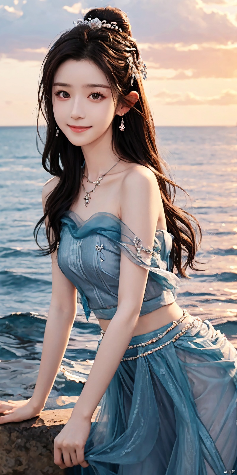  best quality, masterpiece, realistic,cowboy_shot,(Good structure), DSLR Quality,Depth of field,kind smile,looking_at_viewer,Dynamic pose, 
1girl, solo, long hair, , looking at viewer, skirt, hair ornament, bare shoulders, jewelry, , black hair, earrings, outdoors, midriff, water, necklace, lips, crop top, grey eyes, leaning forward, ocean, white skirt, strapless vest, sunset, sun, ,  , dress,blue dress, , hanikezi