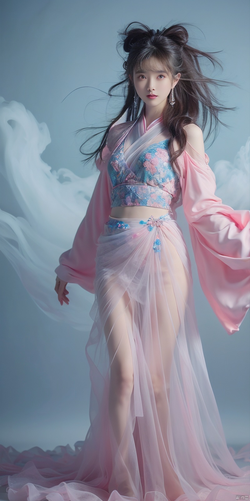  best quality, masterpiece, cowboy_shot,(Good structure), DSLR Quality,Depth of field,kind smile,looking_at_viewer,Dynamic pose, 
 Surrealism Dream Style,glowing neon color,RAW photo,at night,1girl,solo,sea,black hair,ponytail,looking at viewer,long hair,up,lips,sash,water splaashing,hair ornament,realistic,wide sleeves,hanfu,long dress,Semi transparent gauze skirt,surrealist,Best quality,masterpiece,ultra high res,Petal skirt,wind,flowers,bloom,Clouds,smoke,neon lights, 80sDBA style, 1 girl, , , wangyushan