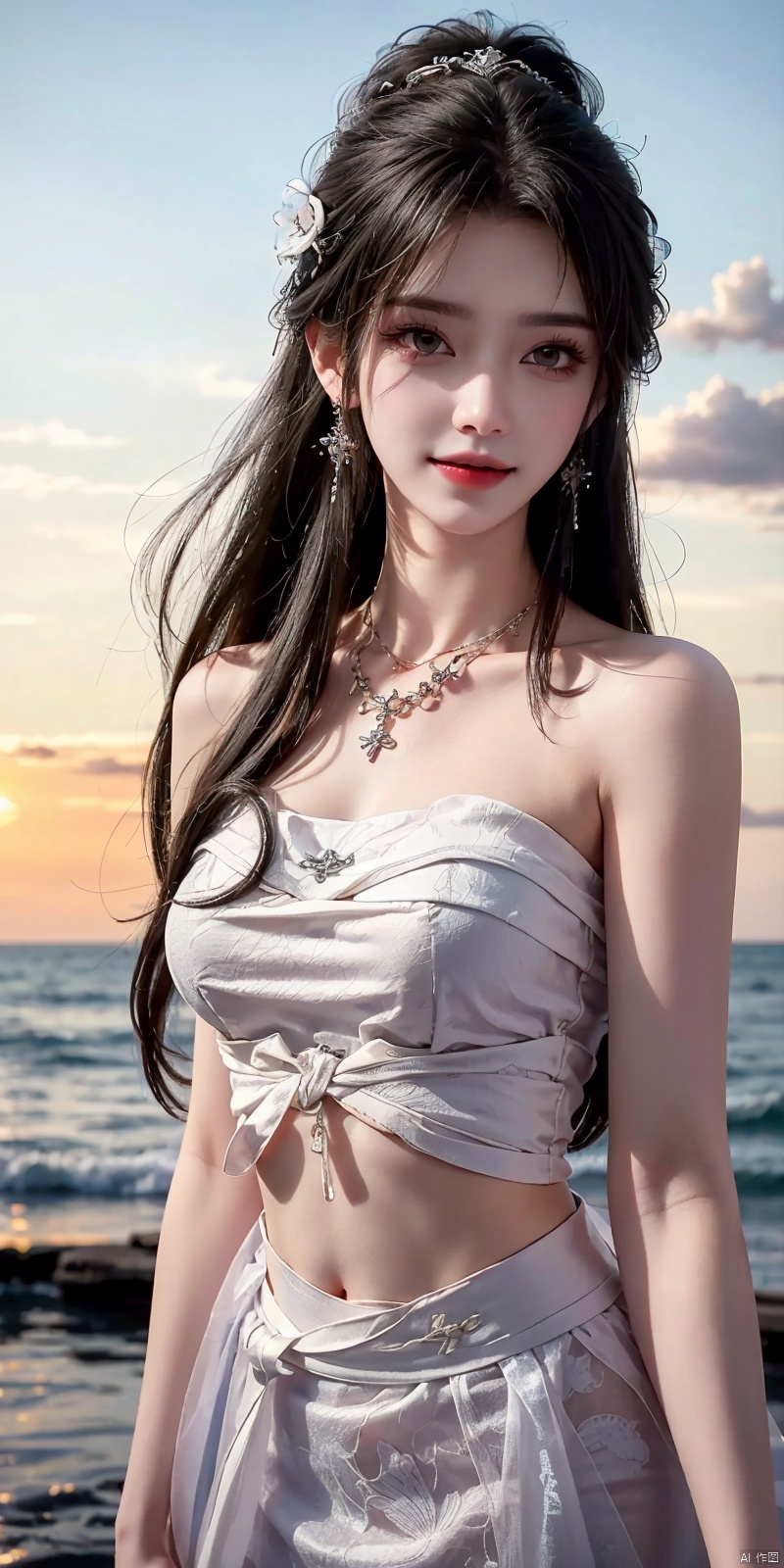  (Good structure),cowboy_shot, DSLR Quality,Depth of field ,looking_at_viewer,Dynamic pose, , kind smile,,
1girl, solo, long hair, , looking at viewer, skirt, hair ornament, bare shoulders, jewelry, , black hair, earrings, outdoors, midriff, water, necklace, lips, crop top, grey eyes, leaning forward, ocean, white skirt, strapless vest, sunset, sun, qingyi, wanglin, yeqinxian, babata