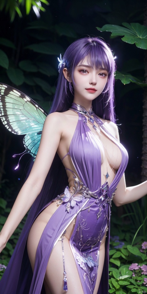 best quality, masterpiece, realistic,cowboy_shot,(Good structure), DSLR Quality,Depth of field,kind smile,looking_at_viewer,Dynamic pose, 
, professional camera, 8k photos, wallpaper 1 girl, solo,purple hair,ethereal fairy, floating on clouds, sparkling gown with iridescent butterfly wings, holding a magic wand, surrounded by dancing fireflies, twilight sky, full moon, mystical forest in the background, glowing mushrooms, enchanted flowers, softly illuminated by bioluminescence, serene expression, delicate features with pointed ears, flowing silver hair adorned with tiny stars, gentle breeze causing her dress and hair to flow ethereally, dreamlike atmosphere, surreal color palette, high dynamic range lighting, intricate details, otherworldly aesthetic.
, hand